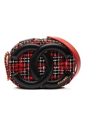 Chanel Chain Shoulder Bag Red Black Tweed Leather